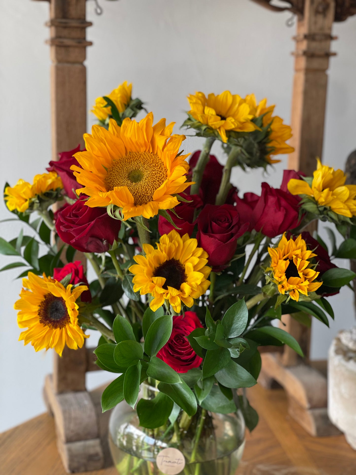 Ballet of Crimson Roses and Sunflowers