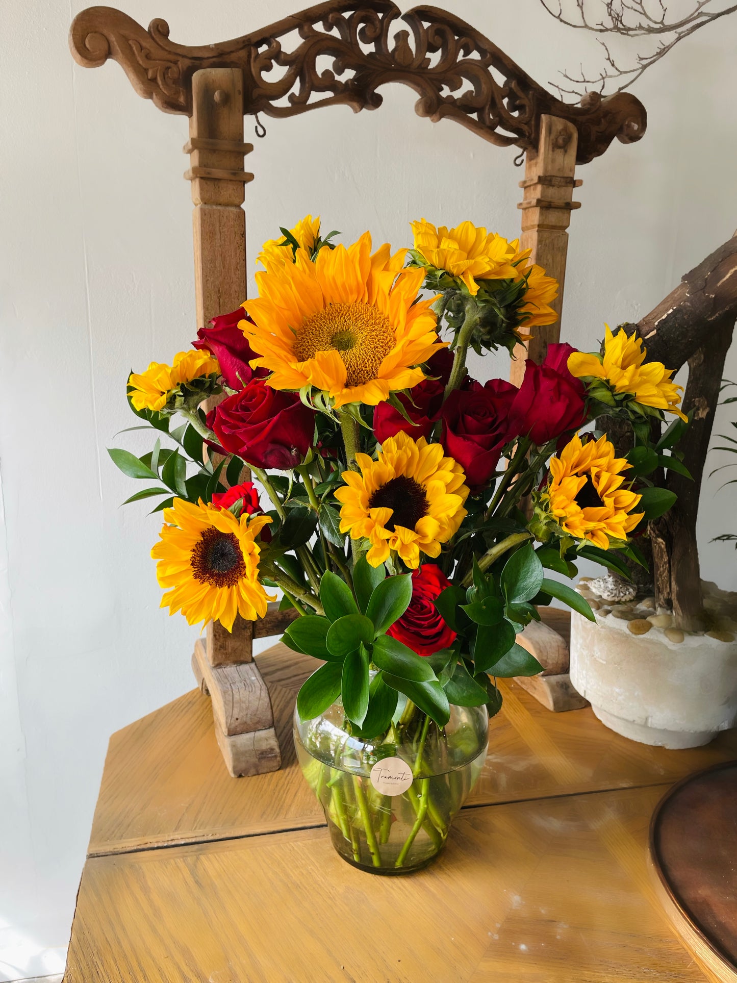 Ballet of Crimson Roses and Sunflowers